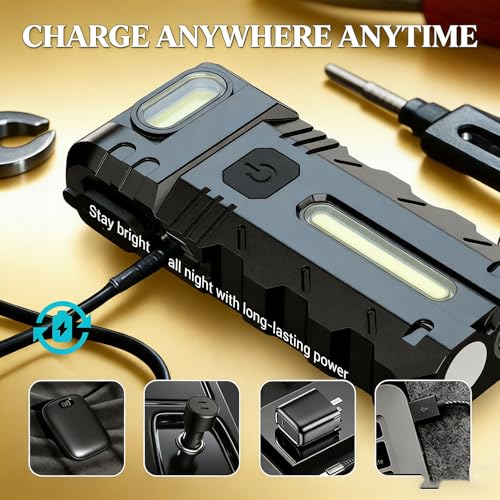 180° Rotating Head LED Work Light – Dual Beam, Magnetic Base & USB-C Rechargeable, Mini Keychain Light, Hands-Free Flashlight with Clip for Auto Repair, Mechanic, Camping, Emergency (2)