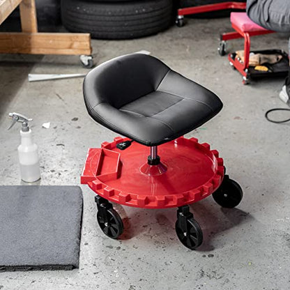 Traxion 2-230 Monster Rolling Padded Mechanic Stool Seat Garage Shop Roller Work Chair with Wheels and Tool Tray, Heavy-Duty 400-lb Capacity, All-Terrain 5" Casters, Black Red