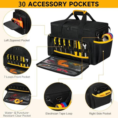 Tool Bag 15 Inch,Heavy Duty Tool Organizer,Tactical Range Tool Tote,30 Pockets & Anti-Friction Bottom,Water-Resistant,Tool Box for Him Dad Men,Electrician,Carpenter,Repairman,Ideal Gift for Father - color: Black