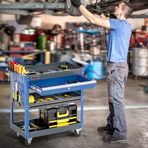 3 Tier Tool Cart,440 LBS Capacity Rolling Tool Cart with Drawers,Heavy Duty Industrial Service Cart on Wheels with Pegboard Hooks for Mechanics,Garage,Warehouse,Workshop,Blue