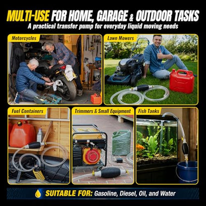 Manual Siphon Pump, 9.84FT Fuel Transfer Pump for Gasoline Diesel Oil Water, Portable Hand Pump Siphon Hose with PVC Hose, Switch Valve, Hose Retainer and Metal Clips