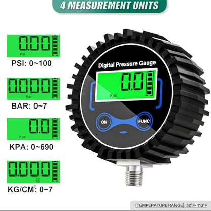 0-300PSI Digital Air Pressure Gauge, 1/8'' NPT Lower Mount and Rubber Protector, Accuracy 1%, Resolution 0.1psi, for Tires, Pressure Containers & Automation Equipment - size: 0-300PSI