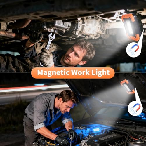 KunHe 4 Pack Rechargeable LED Work Light 500LM Portable Light with Magnetic Base 2 Light Modes 1800mAh Battery IPX4 Flood Light for Car Repair Job Site - style: 4 PACK Rechargeable Version