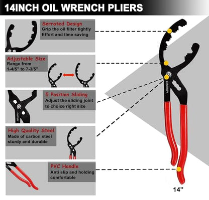 5Pcs Adjustable Oil Filter Pliers Set, Universal Oil Filter Removal Tool with Small Oil Funnel, 10" & 12" & 14" & 16" Oil Fliter Wrench From 1-1/4" to 8-1/2" - size: 5 PACK