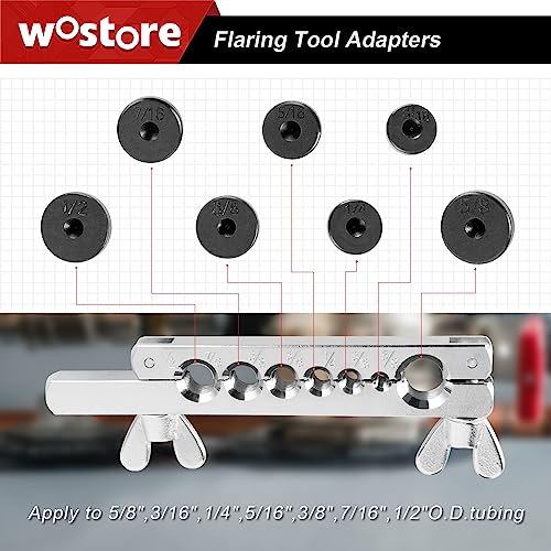 Wostore 45° Double Flaring Tool Kit, 7 Adapters with Cutter & Deburrer | 45° single & double flare tool with 7 adapters. Includes tube cutter & deburrer. For brake line, hydraulic & copper tubing. - size: Flaring Tool Kit