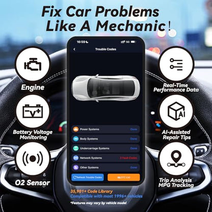 OBD2 Scanner Bluetooth Diagnostic Tool,Car Code Reader for Vehicles | Wireless Check Obd II Scanner for iOS & Android, No Subscription Fee, Fit for All OBDII Protocol Cars 1996+