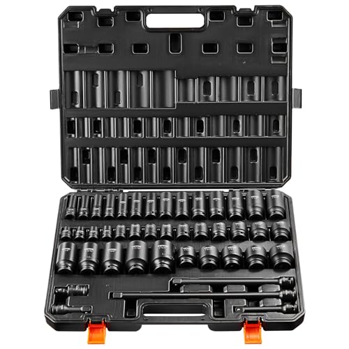 VEVOR Impact Socket Set 1/2" Socket Set 43 Piece Deep & Shallow SAE 3/8" to 1-1/2", 6 Point Cr-Mo Alloy Steel for Auto Repair, Easy-to-Read Size Markings, Rugged Construction, Storage Case - style: 1/2" 43PCS CR-MO