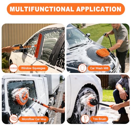 SISUPASSIE 16FT Car Wash Brush with Long Handle, Car Cleaning Brush Kit with Soft Bristle Brush, Solar Panel Cleaning Kit, Window Squeegee, Microfiber Mop, Wheel Brush, Mitt for Truck, RV, Boat