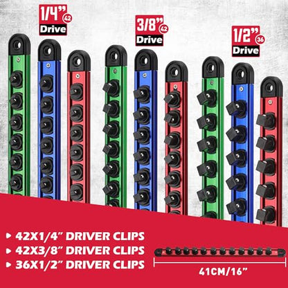 Magnetic Socket Holder Organizer Set: 9-Piece Detachable 1/4, 3/8, 1/2 Socket Trays Socket Organizer for Tool Box Drawer Holds 120-Piece Standard Size Sockets for Automotive Garage(Blue Red Green) - style: 9-Piece Alum. Rails (Holds 120)