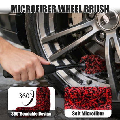 4PCS Long Handle Wheel Brush Kit,Bendable and Durable Wheel Rim Cleaner Brush Set Red - size: 4PCS