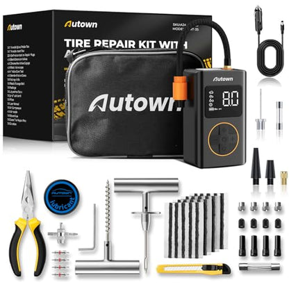 AUTOWN Flat Tire Repair Kit with Air Compressor, Professional Tire Plug Kit | 120PSI Portable Air Pump with Auto-Stop & LED, Heavy Duty Emergency Tool for Car, Truck, Motorcycle, SUV, ATV, Tractor, 54pcs