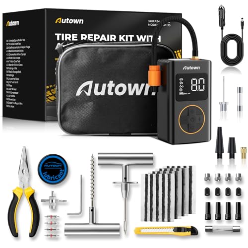 AUTOWN Flat Tire Repair Kit with Air Compressor, Professional Tire Plug Kit | 120PSI Portable Air Pump with Auto-Stop & LED, Heavy Duty Emergency Tool for Car, Truck, Motorcycle, SUV, ATV, Tractor, 54pcs