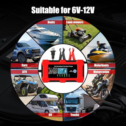 12V 10A Car Battery Charger, Smart Trickle Charger, Automotive Battery Charger with Temperature Compensation/Desulfator Maintainer for Car、Motorcycles、Lawnmowers、Trucks
