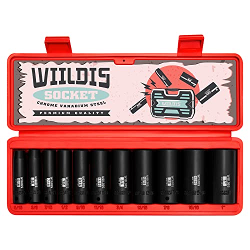 WIILDIS 11 Pieces 3/8-Inch Drive Deep Impact Socket Set, 5/16 to 1 inch, CR-V, SAE, 6 Point, Deep, 11 Pieces 3/8" Dr. Socket - size: SAE - 11pcs