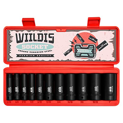 WIILDIS 11 Pieces 3/8-Inch Drive Deep Impact Socket Set, 5/16 to 1 inch, CR-V, SAE, 6 Point, Deep, 11 Pieces 3/8" Dr. Socket - size: SAE - 11pcs