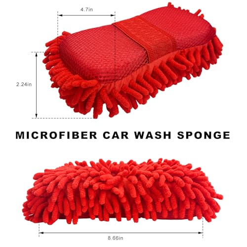 Microfiber Car Wash Sponge, Scratch-Free Vehicle Washing Mitt with Chenille & Mesh Sides, Highly Absorbent Sponge Lint-Free Cleaning Tool for Car Washing & Detailing (Red) - color: Red