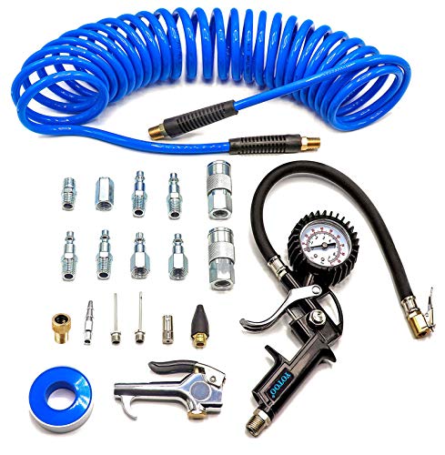 YOTOO Heavy Duty Air Compressor Accessories Kit 20 Pieces with 1/4 inch x 25 feet Polyurethane Air Compressor Hose, 100 PSI Tire Inflator Gauge, Air Blow Gun and Air Hose Fittings - size: Kit with Hose