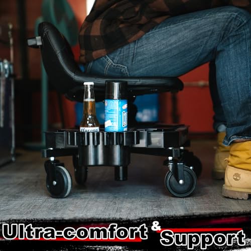 Rolling Stool with Wheels, Adjustable Height Pneumatic Garage Work Mechanic Stool Seat with Backrest, 400 LBS Capacity 360° Swivel Mechanic Crepper Chair with Tool Tray Storage, Black - color: Carbon Fiber Black