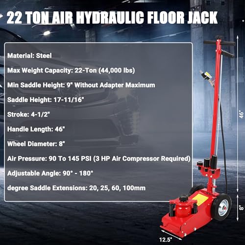 22 Ton Air Hydraulic Floor Jack for Heavy Duty Trucks & Tractors – Low Profile (9"-17.7"), 4 Adapters, 46" Adjustable Handle – 44,000 Lbs Capacity - color: 22 Ton Red