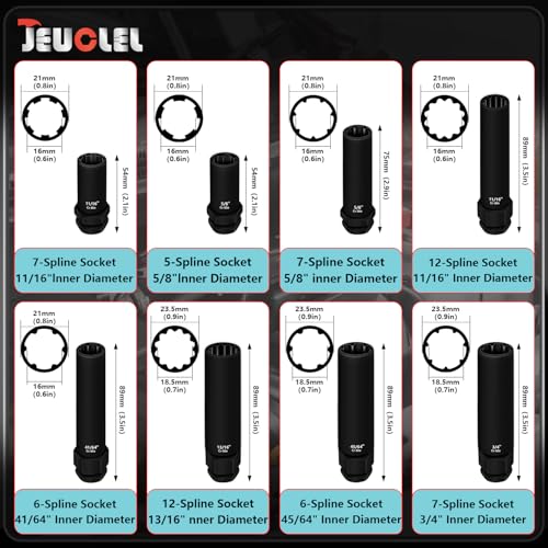8PCS Spline Lug Nut Socket Set, 5, 6, 7, 12 Spline Locking Lug Nut Key, SAE & Metric Locking Lug Nut Removal Tool, for Easy Removing of Aftermarket & Factory Wheel Lug Nuts