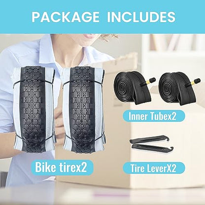 Hycline 2-Pack Cruiser Bike Tires Set: 24/26x2.125 inch Folding Replacement High-Performance Wear-Resistant Tires with Inner Tubes & Tire Levers for Beach & Urban Commuter Bikes - color: White Set-26x2.125