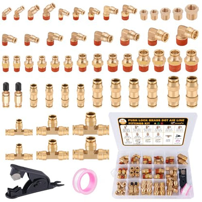 56 Pcs Brass DOT Air Line Fittings kit with Brass Bushings Push to Connect Fittings Push Lock DOT Air Fittings NPT Thread & Quick Connect Air Hose Fittings - color: Gold-56PCS