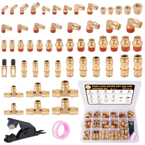 56 Pcs Brass DOT Air Line Fittings kit with Brass Bushings Push to Connect Fittings Push Lock DOT Air Fittings NPT Thread & Quick Connect Air Hose Fittings - color: Gold-56PCS