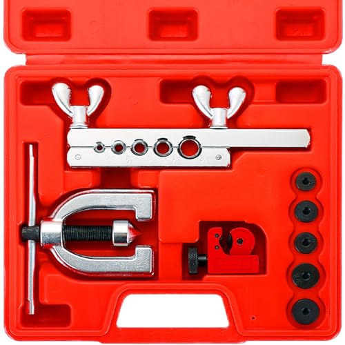 DASBET Double and Single Brake Line Flaring Tool Kit with Tubing Cutter, Brake Line Repair Kit for Copper, Aluminum, Brass, Magnesium, Soft Steel, Flare Tool kit Includes 5 Adapters, 45 Degrees