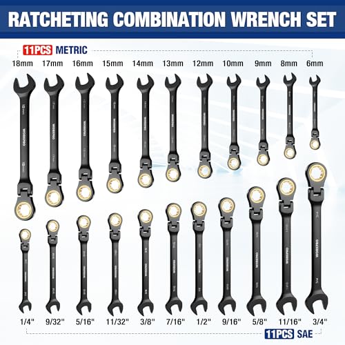 WORKPRO 22-piece Ratcheting Wrench Set with 180° Flex Head, Anti-Slip Tooth, Combination Wrench Sets with Organizer Box, Metric 6-18mm & SAE 1/4-3/4", Black Electrophoretic Coating - style: Flex-head