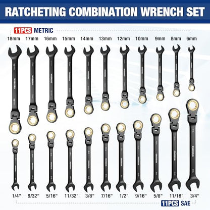 WORKPRO 22-piece Ratcheting Wrench Set with 180° Flex Head, Anti-Slip Tooth, Combination Wrench Sets with Organizer Box, Metric 6-18mm & SAE 1/4-3/4", Black Electrophoretic Coating - style: Flex-head