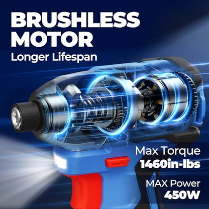 Dong Cheng 20V 1/4" Hex Brushless Impact Driver, 1460 in-lbs Cordless Impact Driver with 2.0Ah Batteries, 3-Speed, 4.9" Compact Impact Driver for Cabinetry, Deck Building & HVAC Installation - style: 1460 in-lbs, 1x Battery