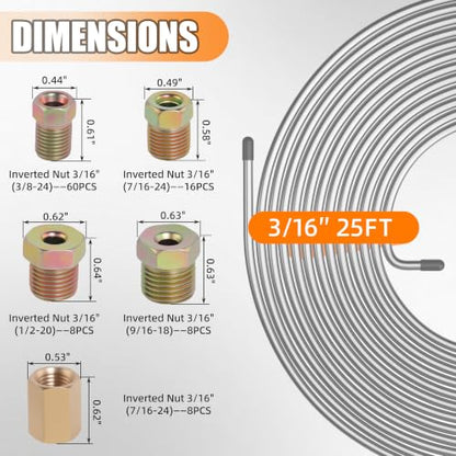 3/16" Brake Line Repair Kit, Double & Single Brake Line Flaring Tool Kit + 25ft 3/16 Inch Zinc Coated Brake Line with 40 Pcs Fittings(4 Unions Included) + Brake Line Bender - color: Silver, size: 3/16"