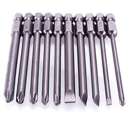 Rocaris 10pcs 1/4 Inch Hex Shank Long Magnetic Screwdriver Bits Set 4 in Power Tools (Slotted+Cross Head) - size: 10Pcs(Slotted+Cross)
