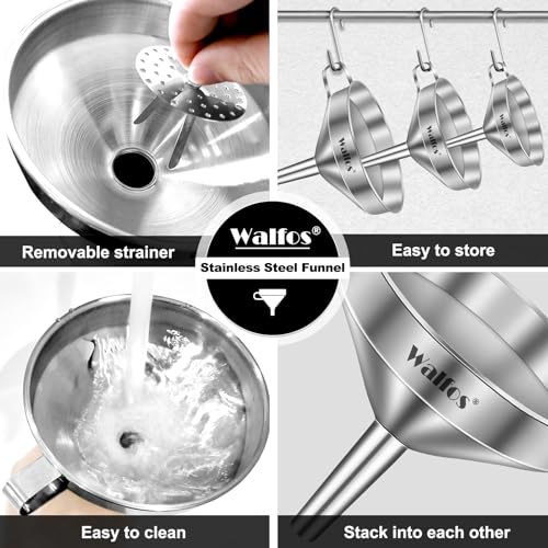 Stainless Steel Funnel, Walfos 3 Pack Kitchen Funnel with 2 Removable Strainer ＆ 1Pcs Cleaning Brush, Perfect for Transferring of Liquid, Oils, Jam, Dry Ingredients & Powder - color: 3pcs funnel 5.7+4.9+4.1 inch