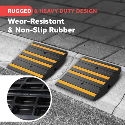 Pyle 1 Ft. Rubber Curb Ramp - Pack of 2 Heavy Duty Non-Slip Threshold Ramps for Driveways & Sidewalks, Yellow Reflective Strips, Marine Grade, Expansion Screws Included, 12.0’’x 16.0’’ x 2.6’’ Inches - color: Yellow, size: Pack of 2