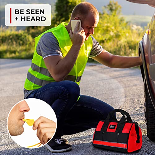 Thrive Car Emergency Kit & Roadside Emergency Car Kit - 104-Piece Set, Red Canvas Bag, Universal Fit - Jumper Cables, Escape Hammer & Tire Gauge - Road Trip Essentials & Emergency Supplies - color: Red Canvas Bag