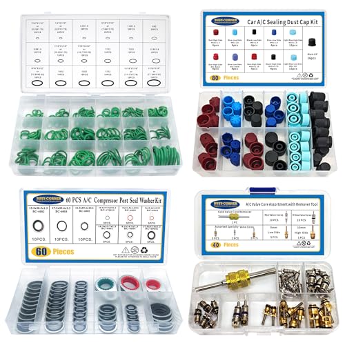 4 Set Car A/C Compressor Gasket Seals and Dust Cap, O-Ring Kit, Valve Core Kit with Remover Tool, R12 R134a Refrigeration Tire Valve Stem Cores, Car Air Conditioning Compressor Seals O-Ring - color: Black