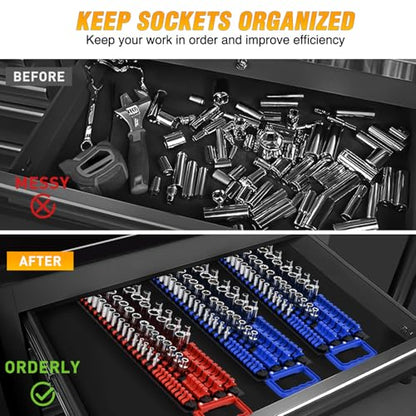 GOOACC Socket Organizer Tray 1/4 inch 3/8 inch 1/2 inch Socket Holder Portable Socket Rail Organizer Trays for Tool Box Drawer, 2Pcs Set Socket Tray Holds 160-Piece SAE Metric Socket, Blue & Red - size: 2 Set Tray 1/4"3/8"1/2" Blue Red