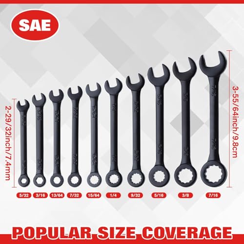 10PCS Mini Wrench Set Standard SAE 5/32"-7/16" | Black Electrophoretic Coating, Portable Pouch and Key Rings, Ignition Wrenches Open End and Box End Combination Wrench Set - size: SAE