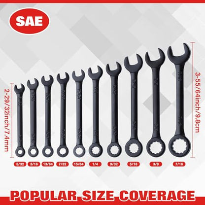 10PCS Mini Wrench Set Standard SAE 5/32"-7/16" | Black Electrophoretic Coating, Portable Pouch and Key Rings, Ignition Wrenches Open End and Box End Combination Wrench Set - size: SAE