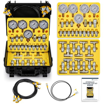 Hydraulic Pressure Test Kit (Pro Kit) | 5 Gauges, 16 Couplings (NPT 3/8'', 1/2'', 3/4'' ), 14 Tee Connectors for Excavators, Loaders, Tractors, Construction & Mining