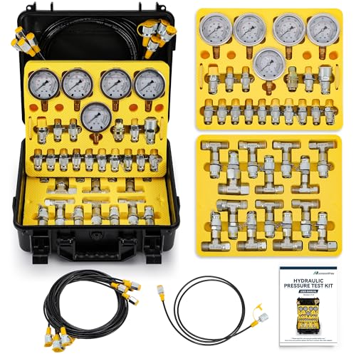 Hydraulic Pressure Test Kit (Pro Kit) | 5 Gauges, 16 Couplings (NPT 3/8'', 1/2'', 3/4'' ), 14 Tee Connectors for Excavators, Loaders, Tractors, Construction & Mining