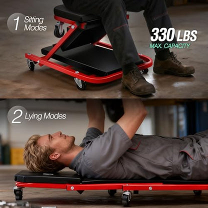 ‎DNA MOTORING TOOLS-00186 40 Inches 2 IN 1 Rolling Folding Car Creeper/Seat, 6 Pcs 2" Casters, 150kg Weight Capacity, Red - color: Red, size: 40 Inches
