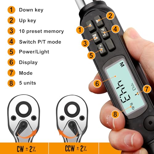 MULWARK 3/8" Digital Torque Wrench Electronic Set, with Buzzer & LED, 2.2-44.3 ft-lbs(3-60 Nm), High Precision Adjustable Bike Torque Wrenches Car Repairing Tool Calibrated with Storage Case - size: 3/8'' digital torque wrench, style: Alloy Steel