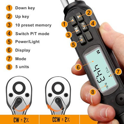 MULWARK 3/8" Digital Torque Wrench Electronic Set, with Buzzer & LED, 2.2-44.3 ft-lbs(3-60 Nm), High Precision Adjustable Bike Torque Wrenches Car Repairing Tool Calibrated with Storage Case - size: 3/8'' digital torque wrench, style: Alloy Steel