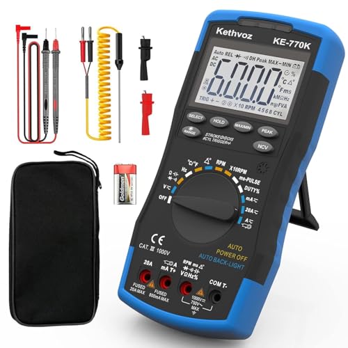 Automotive Digital Multimeter, Kethvoz True RMS AC/DC Voltage & Current Tester, 6000 Counts Auto-Ranging with RPM, Dwell Angle, Pulse Width, Temperature, Duty Cycle, Continuity, and NCV Detection