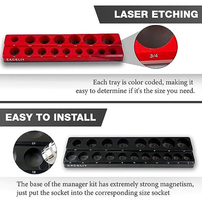 EACELIY Magnetic Socket Organizer Set, 1/2", 1/4" and 3/8" SAE & Metric Deep & Shallow Socket Holder Kit, holds 141 stanard Sockets, attaches to steel box/tool cart (sockets not included) 丨6PCS - size: 6PCS 1/2&3/8&1/4inch