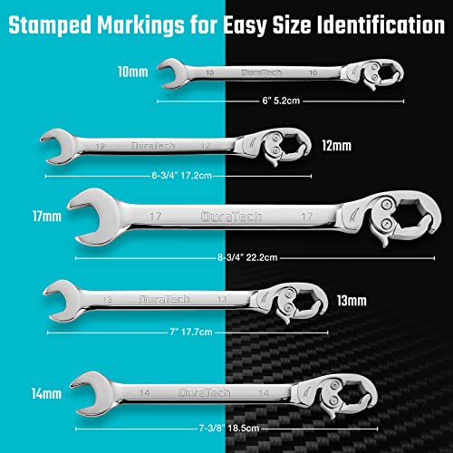 DURATECH 5-Piece Ratcheting Flare Nut Wrench Set, Metric | 10mm, 12mm, 13mm, 14mm, 17mm, CR-V Steel, Open End Wrench, Organizer Pouch Included