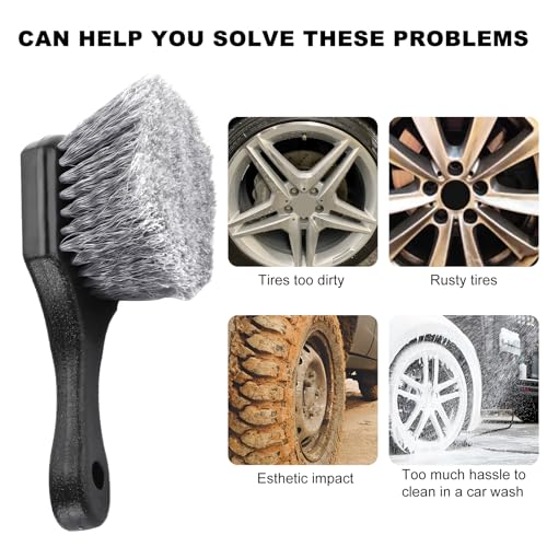 Wheel & Tire Brush for Car Rim, Soft Bristle Cleaning Brush Releases Dirt Road Grime with Short Handle, Easy Scrubbing Detailing Wheel Cleaner for Truck SUV RV Motorcycle