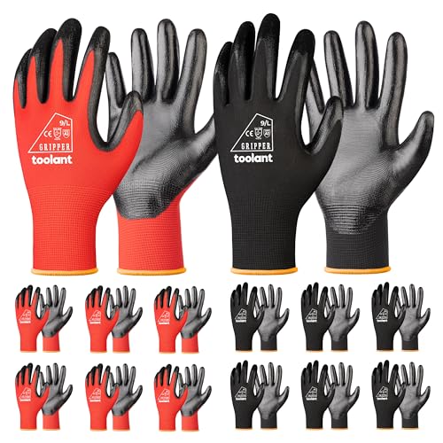 toolant Nitrile Coating Work Gloves for Men, Superior Oil Resistance, Safety Work Gloves with Grip, Touch Screen - color: Red&black (12 Pairs), size: X-Large